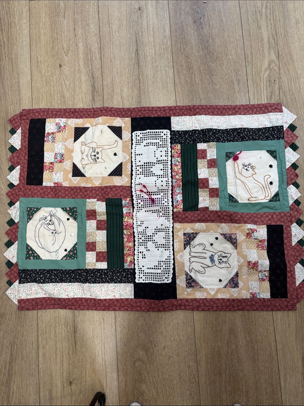 Handcrafted Cat Patchwork Table Runner or blanket in Green, Burgundy, Cream